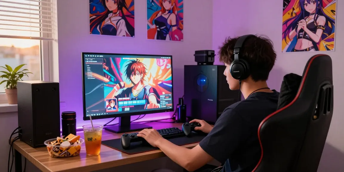 Player immersed in a captivating hentai game in a colorful gaming room.