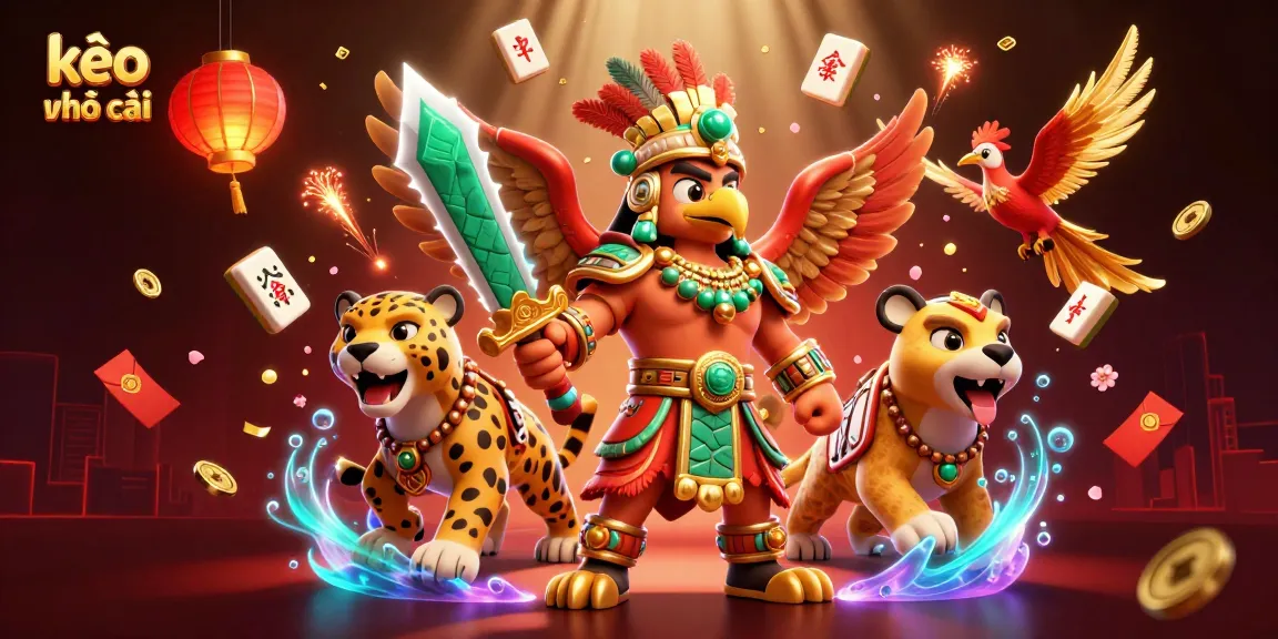 Engage in kèo nhà cái with warriors surrounded by gaming elements in a colorful dynamic scene