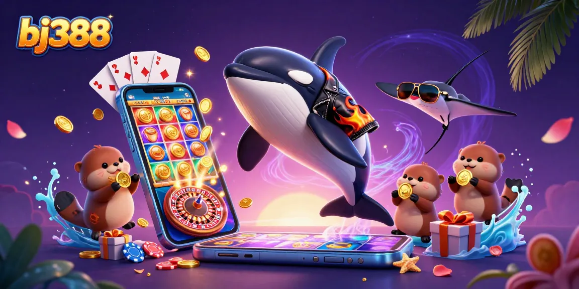 Engage in fun gaming with bj388: a colorful illustration of sea creatures amid dynamic casino elements.