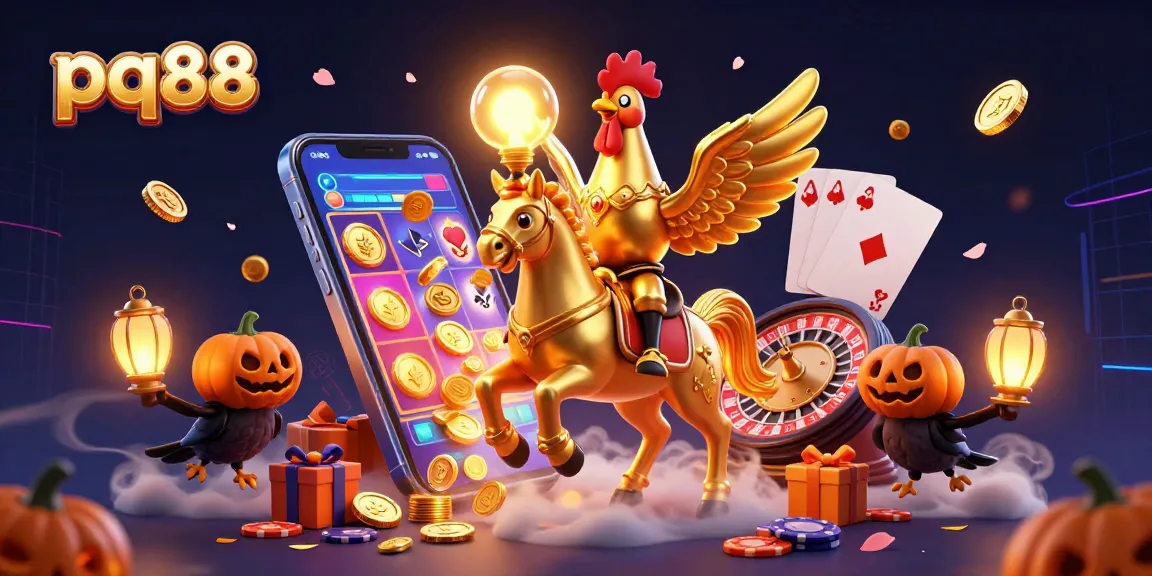 Engage with pq88's thrilling casino atmosphere showcasing a golden rooster and spectral horse.