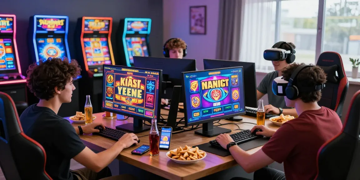 Situs slot deposit 10 ribu with players enjoying online slots, vibrant gaming scene