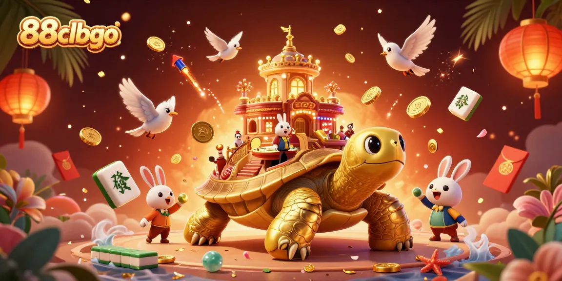 Experience gambling excitement at 88clbgo with a stunning illustration featuring a golden tortoise casino and dynamic gaming elements.