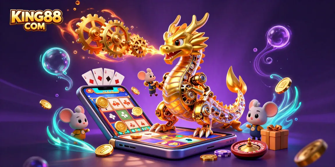 Experience the thrill of gaming at KING88 COM with a vivid dragon and slot game scene.