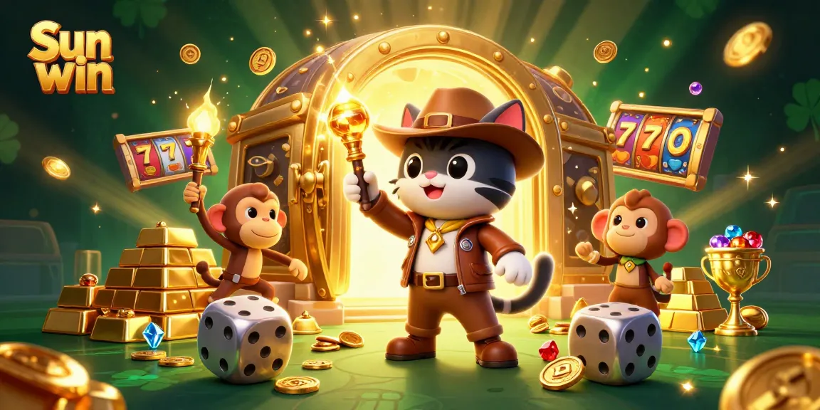 Engage with the Sun win adventure featuring a cartoon archaeologist cat and lively casino elements.