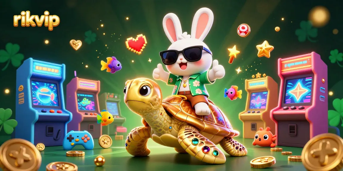 Play and win at rikvip with the adorable lucky rabbit and golden turtle in a vibrant casino setting.