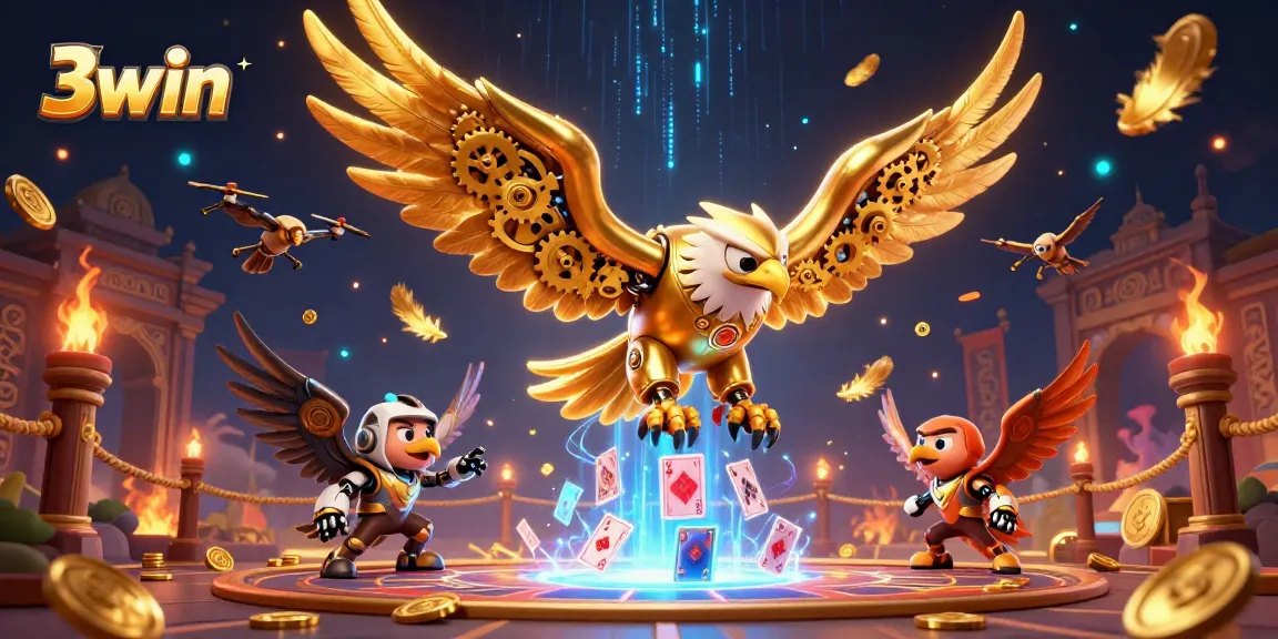 Experience thrilling gameplay with 3win's cybernetic eagle soaring through a vibrant casino scene.