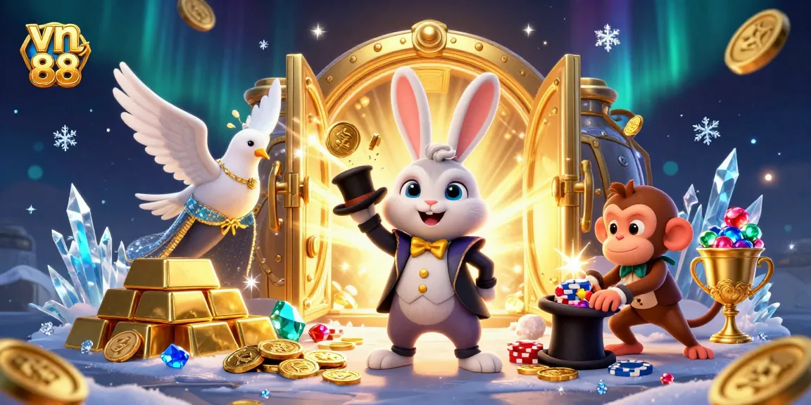 Win big with vn 88 as a magician rabbit pulls golden coins amidst glamorous casino-themed chaos