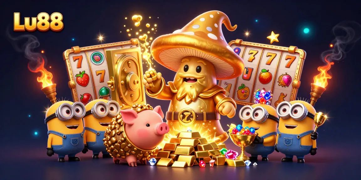 Experience Lu88's thrilling online gaming world with a magical illustration of a wizard and treasure.