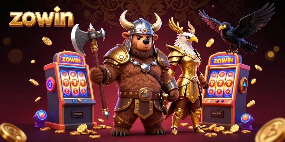 Zowin offers a vibrant casino scene showcasing a Viking bear and Valkyrie eagle amid slot machines.