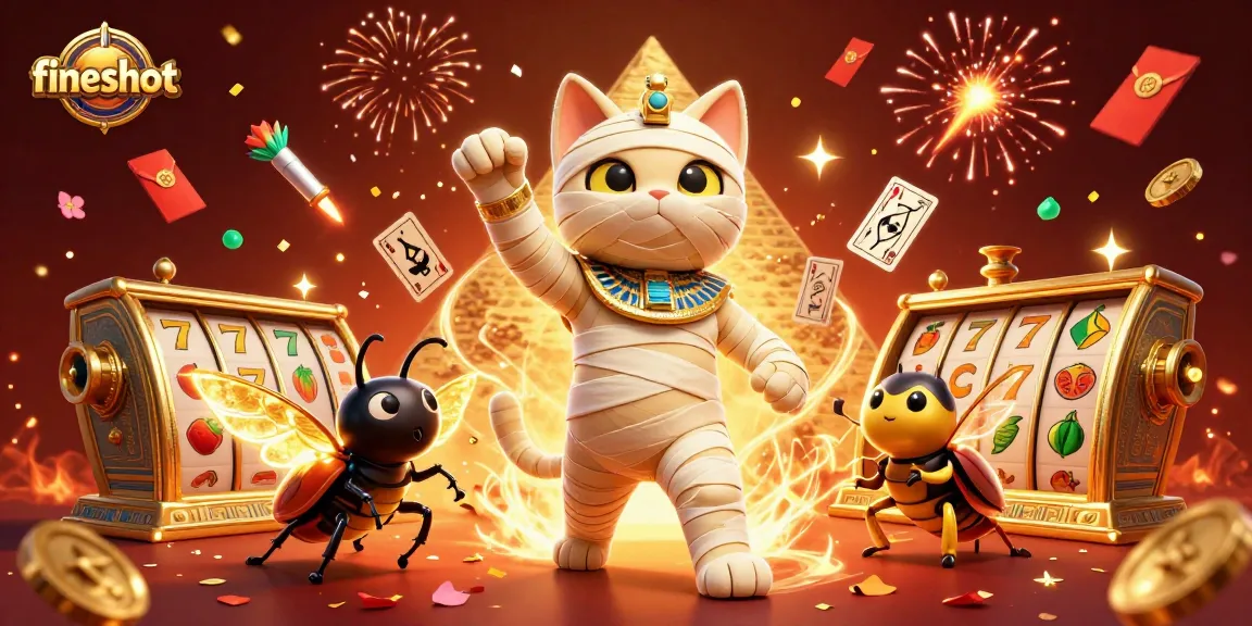 Experience thrilling gameplay with fiveshot in a vibrant casino scene featuring a mummy cat and golden elements.