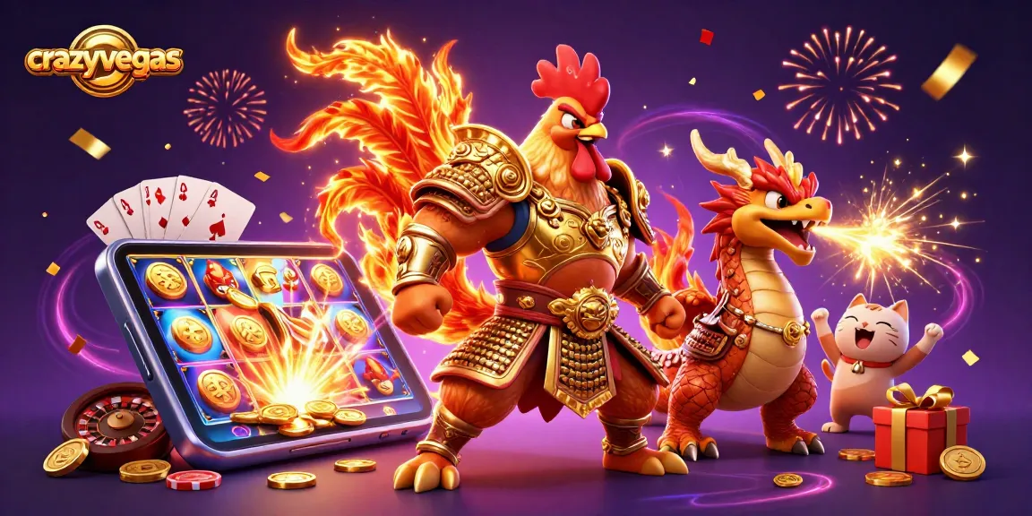 Experience excitement at crazyvegas with a roaring dragon and samurai rooster amidst lavish casino games.