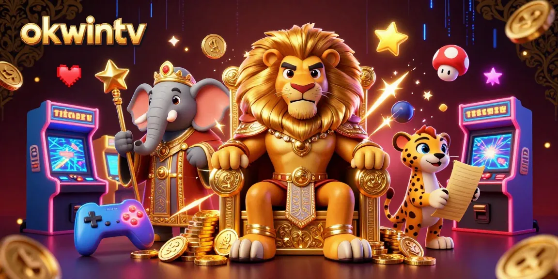 Experience the thrilling action on okwintv with a lion king surrounded by casino treasures in this vibrant 3D illustration.