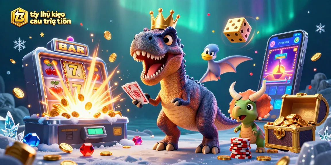 Experience the excitement of tỷ lệ kèo nhà cái trực tuyến as cartoon dinosaurs engage in thrilling casino activities.