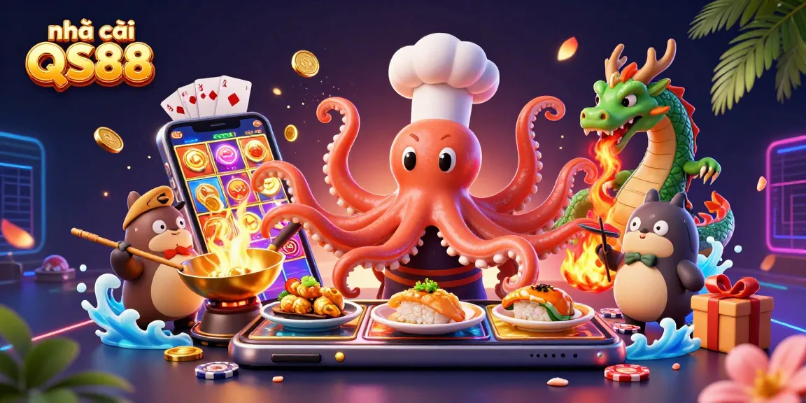 Engage with the gaming excitement at nhà cái QS88 with vibrant characters and casino elements.