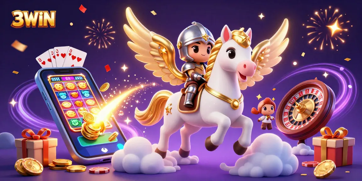 Experience thrilling gaming adventures with 3WIN as a knight rides a celestial horse amidst vibrant casino elements.