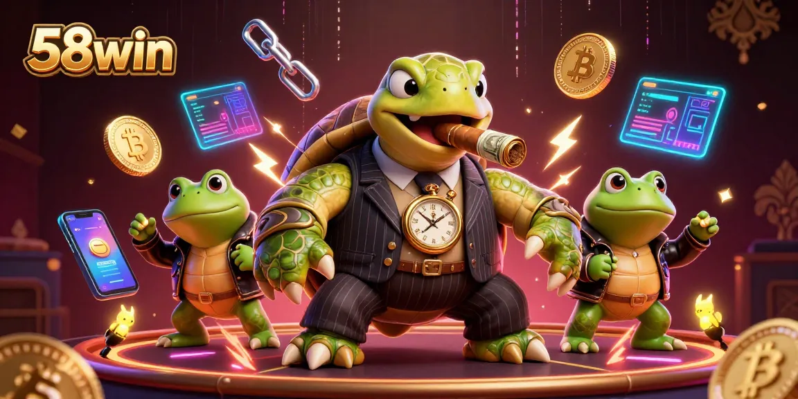 Bet on 58win with massive turtle and bullfrog enforcers in a vivid casino scene.