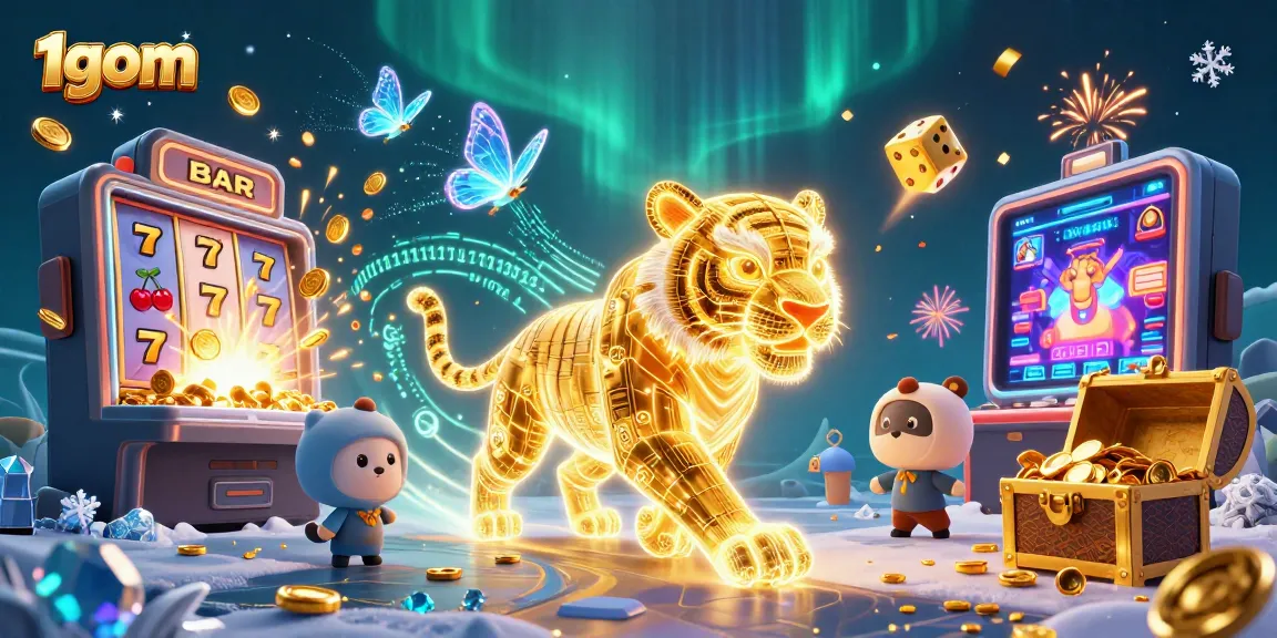 Experience thrilling wins with 1gom in a vibrant casino landscape featuring a golden tiger and slot extravaganza.