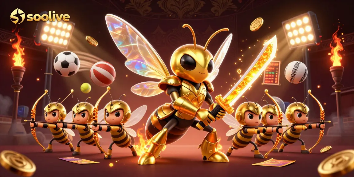 Socolive offers an engaging experience with vibrant sports balls and a golden hornet samurai in action.