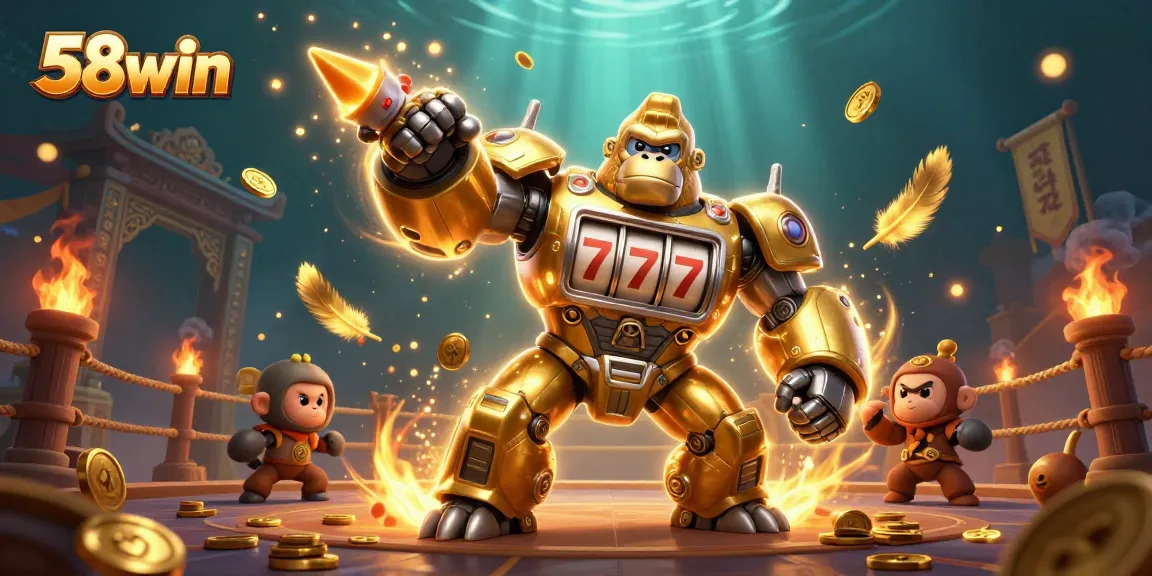 Experience the excitement of 58win with our dynamic 3D casino illustration featuring a golden gorilla mech.
