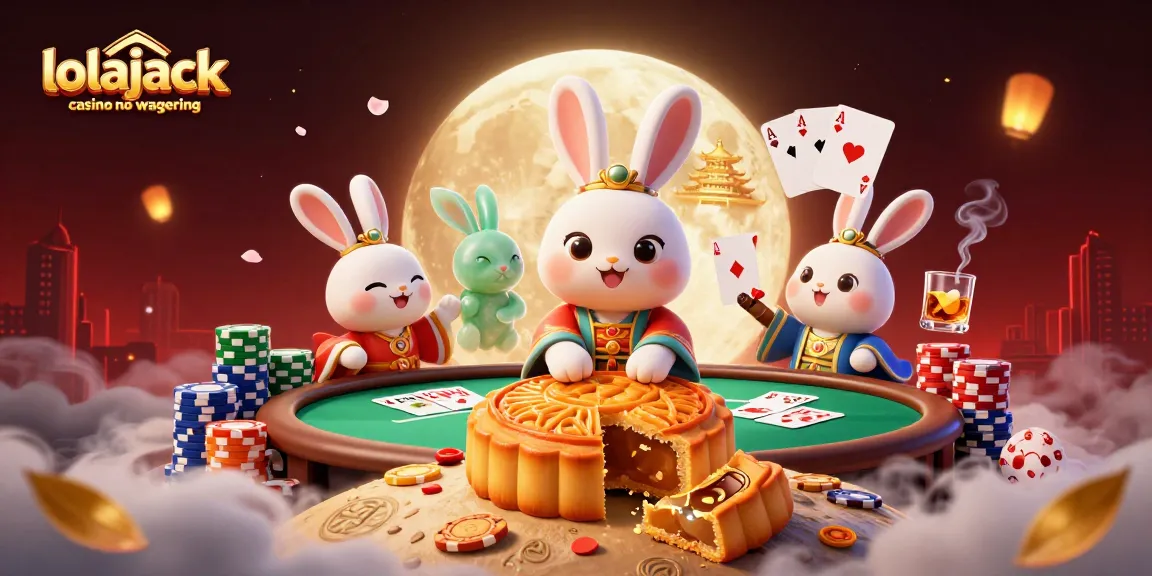 Engage with lolajack casino no wagering: A vibrant 3D illustration of a moon rabbit showcasing poker elements.