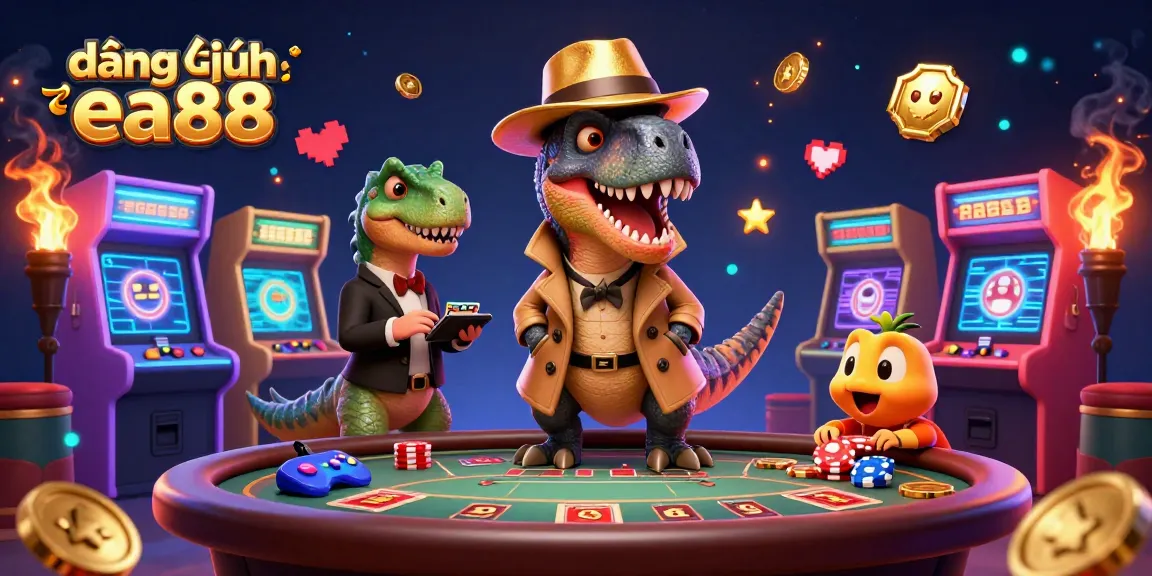 Experience the excitement of đăng nhập ea88 with a playful velociraptor at a blackjack table in vibrant digital casino art.