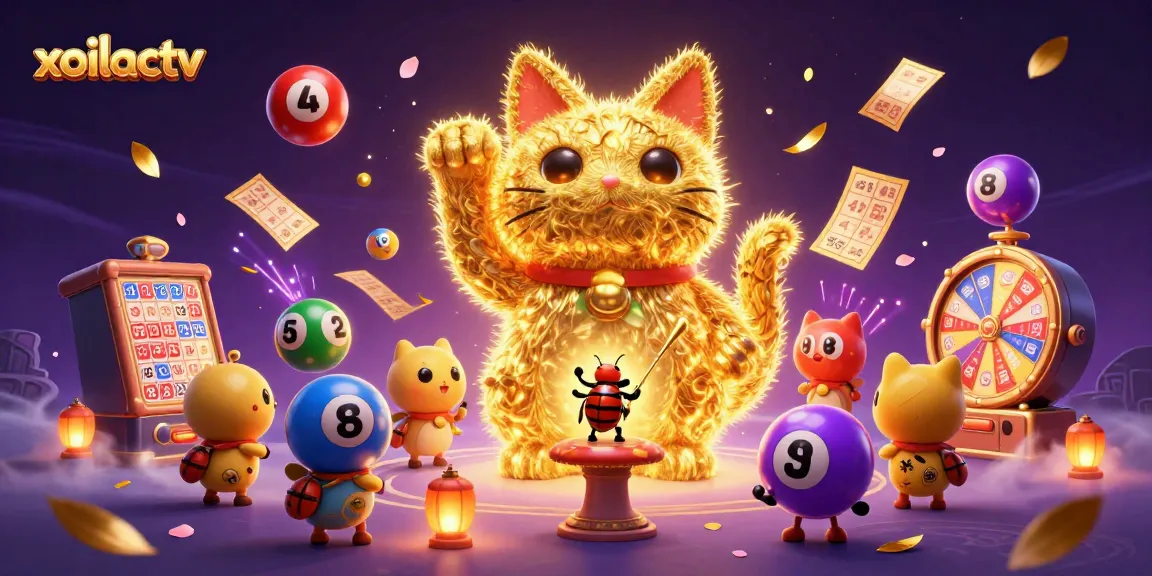 Xoilactv showcases a golden lucky cat surrounded by vibrant gaming elements, celebrating online gambling.
