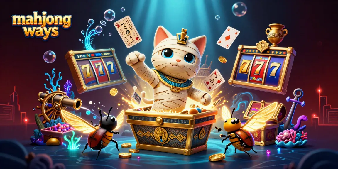 Experience thrilling mahjong ways with a vibrant scene featuring a mummy cat and golden treasures!