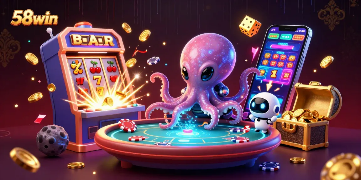 Experience 58win's spectacular casino atmosphere with a vibrant, dynamic illustration of gaming excitement.