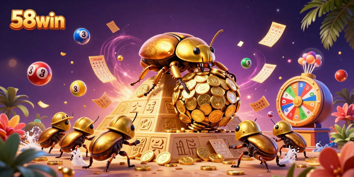 Win big with 58win's vibrant 3D casino atmosphere filled with golden coins and lottery excitement.