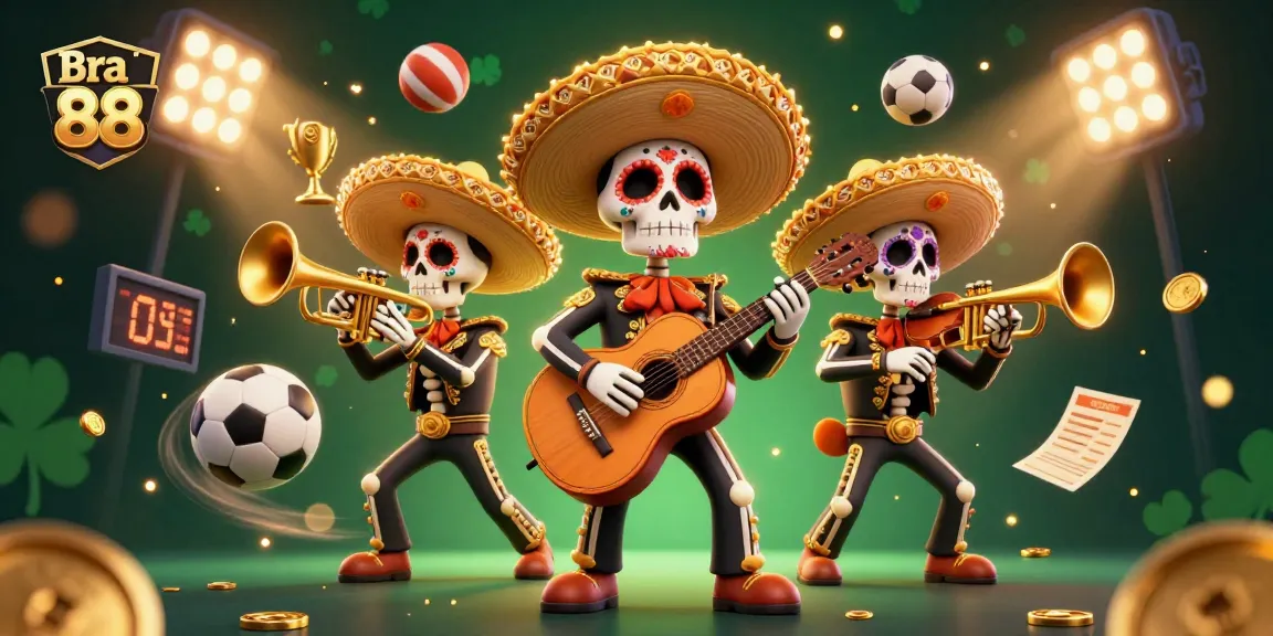 Bet on Bra 88 with thrilling 3D scene of colorful mariachi skeletons and dynamic sports elements.