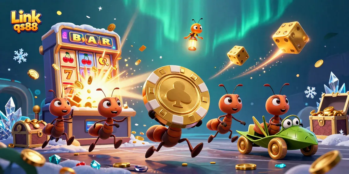 Engage in thrilling play at Link qs88 with a heist scene featuring ants, stunning jackpots, and vibrant casino elements.