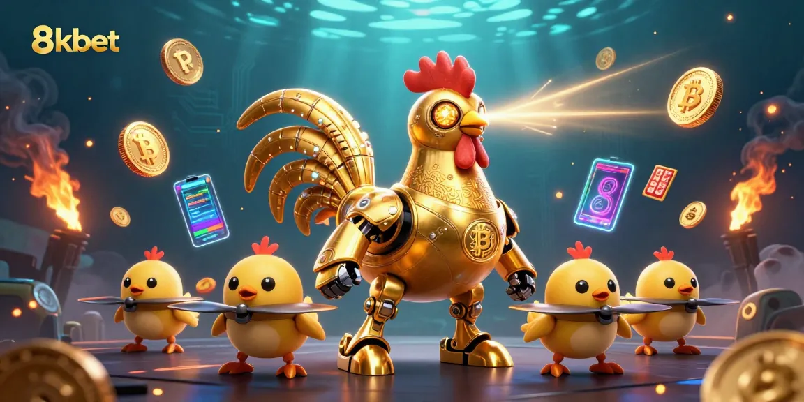 Engage with 8xbet by spinning dynamic slot reels featuring a golden rooster robot and baby chick drones.