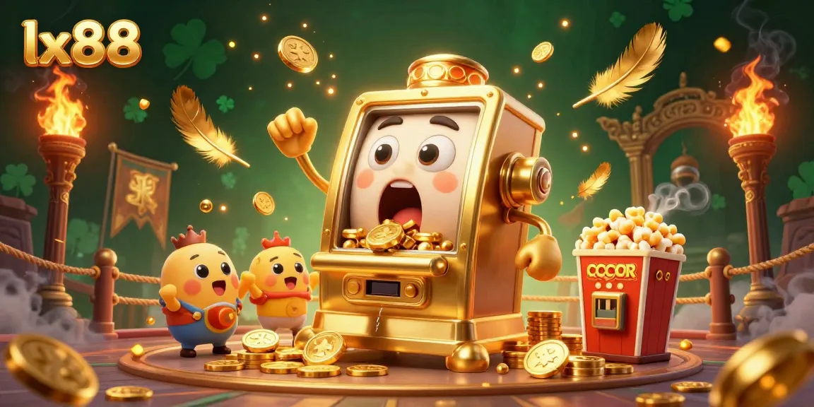 Experience the excitement of lx88 with a golden slot machine hitting the jackpot, surrounded by cheering characters.