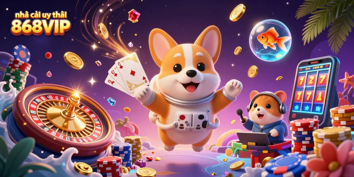 Experience thrilling moments at nhà cái uy tín 868VIP with dynamic 3D casino illustration featuring a corgi astronaut.