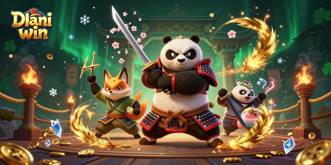 Dhani win features a samurai panda and ninja fox amidst exciting gaming action in a vibrant 3D scene.