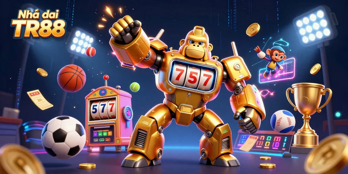 Engaging visual of Nhà cái TR88 showcasing a golden gorilla mech surrounded by dynamic sports elements and casino excitement.
