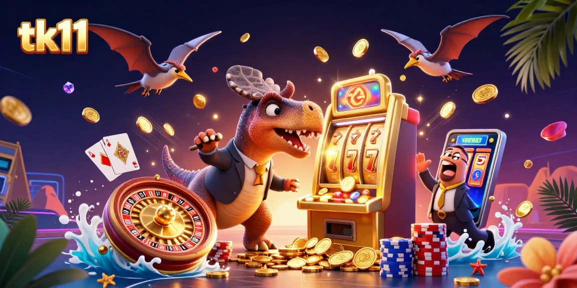 tk11 brings immersive gaming excitement with a cartoon dinosaur jackpot scene amid cascading coins and vibrant casino elements.