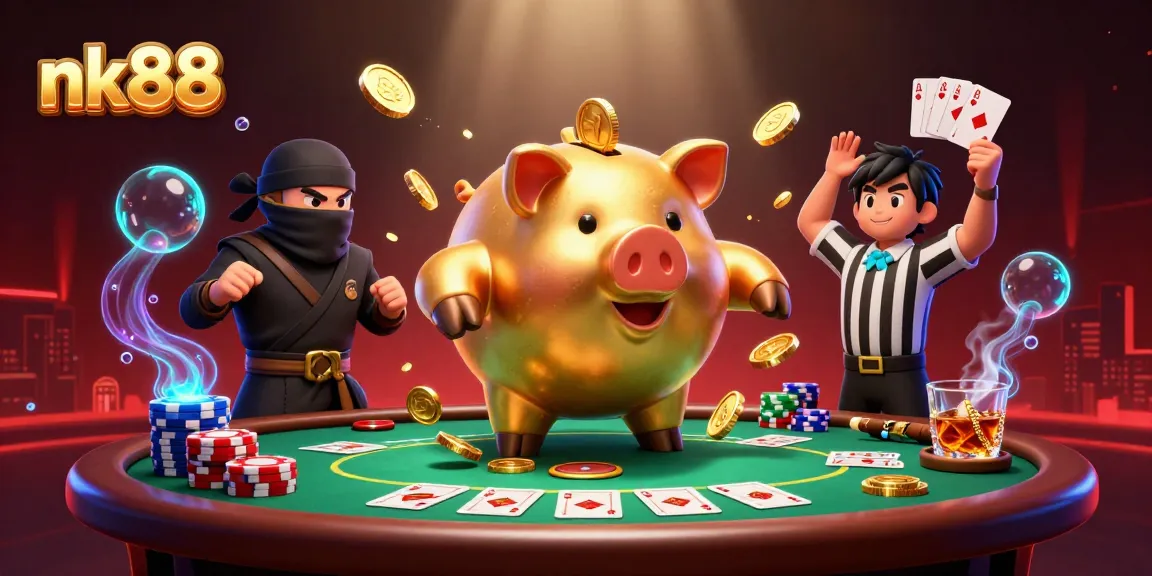 Experience the excitement of nk88 with a sumo wrestler and ninja in a vibrant casino showdown.