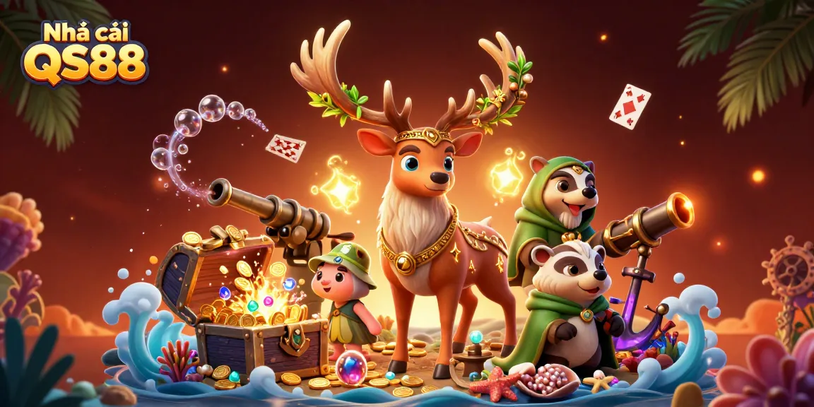 Experience the excitement of Nhà cái QS88 with a rich 3D illustration of games, mystery, and chance.