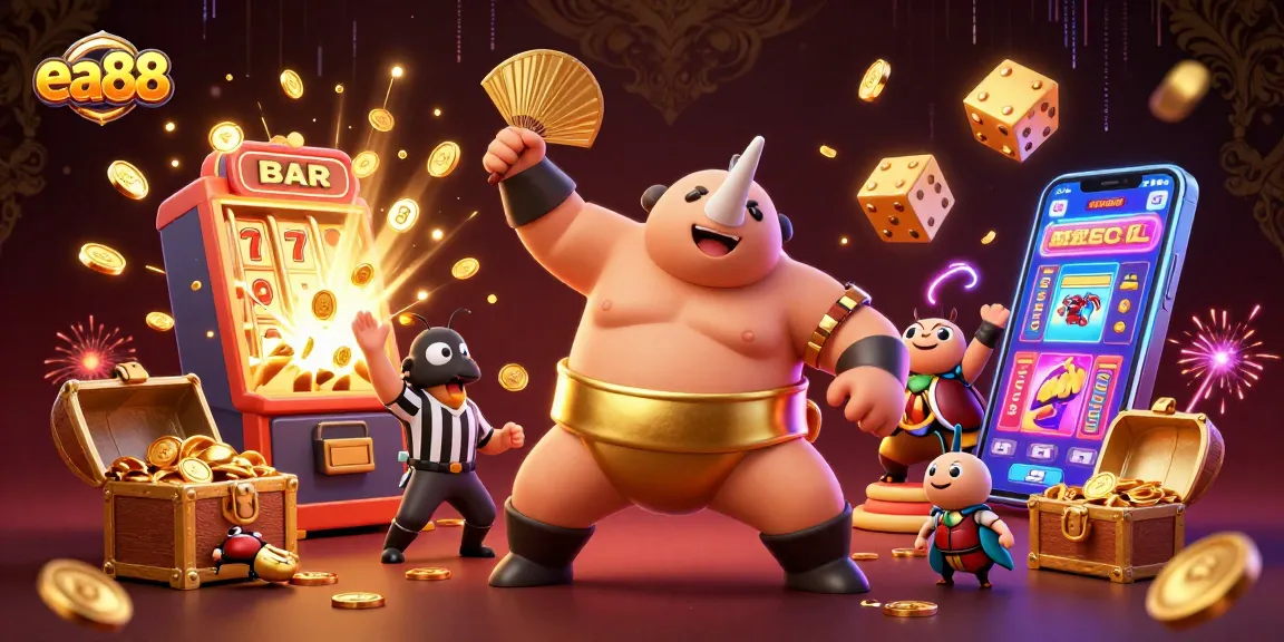 Experience the excitement of ea88 with a dynamic casino scene featuring a sumo champion and a jackpot explosion.