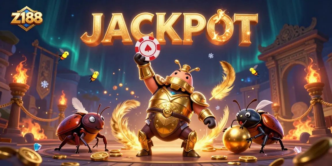 Experience thrilling wins with z188 as a heroic beetle lifts a poker chip, showcasing a vibrant casino atmosphere.