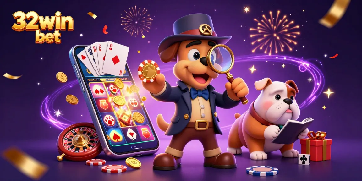 Spin the reels with 32win bet as the detective searches for hidden treasures in a vibrant casino scene.