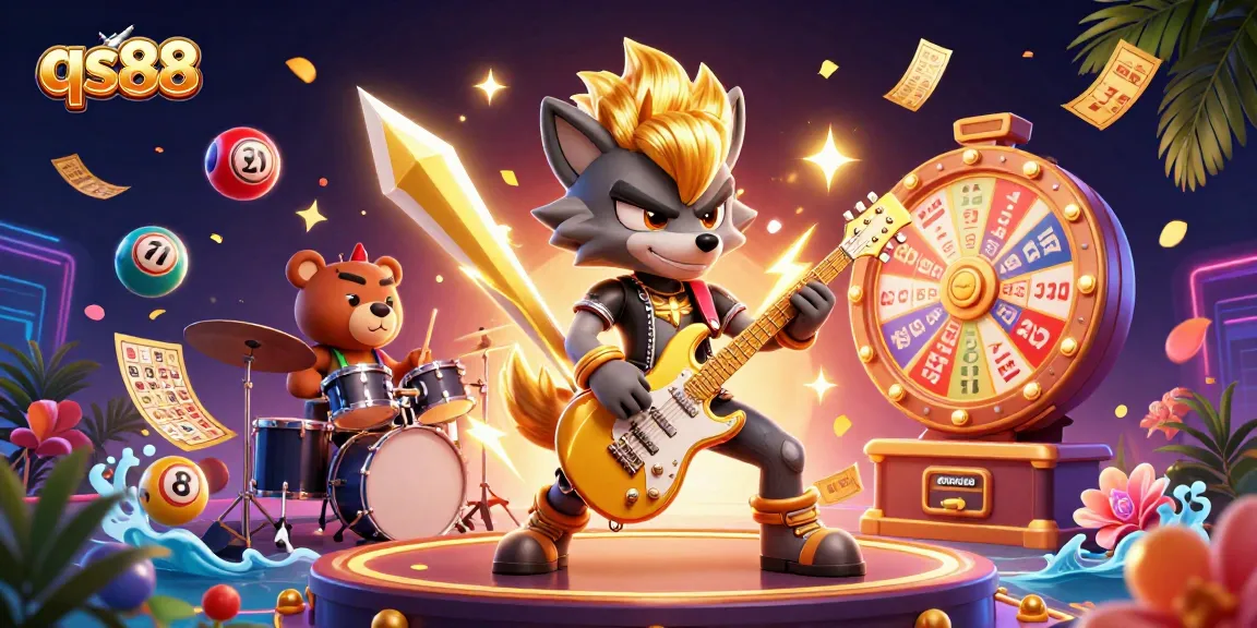 Engage with qs88's thrilling gaming as a rock star wolf rocks the casino stage amid colorful prizes and excitement.