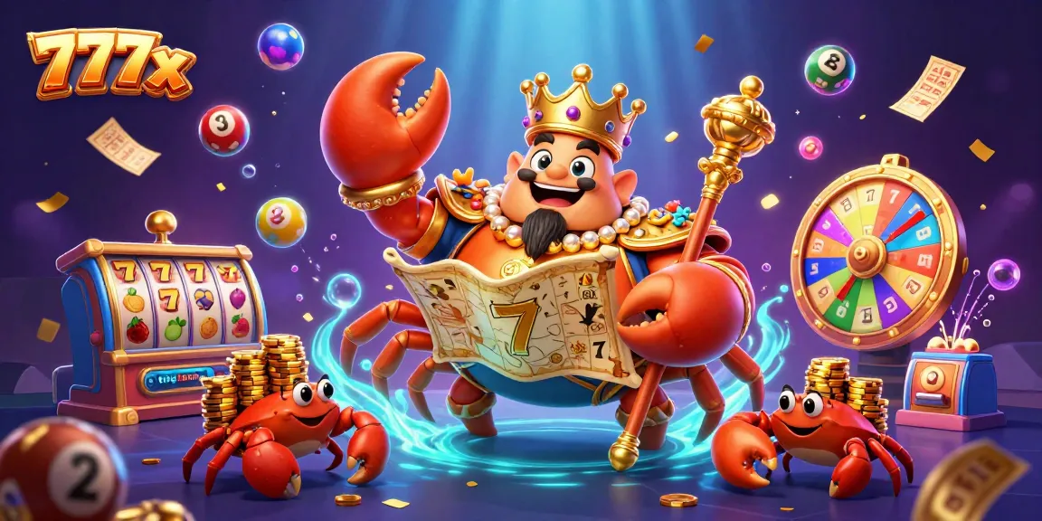Experience the excitement of 777x with a golden crab emperor amidst vibrant casino elements.