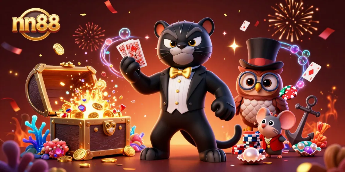 Experience excitement at nn88 with a stylish panther dealing cards and vibrant casino elements.