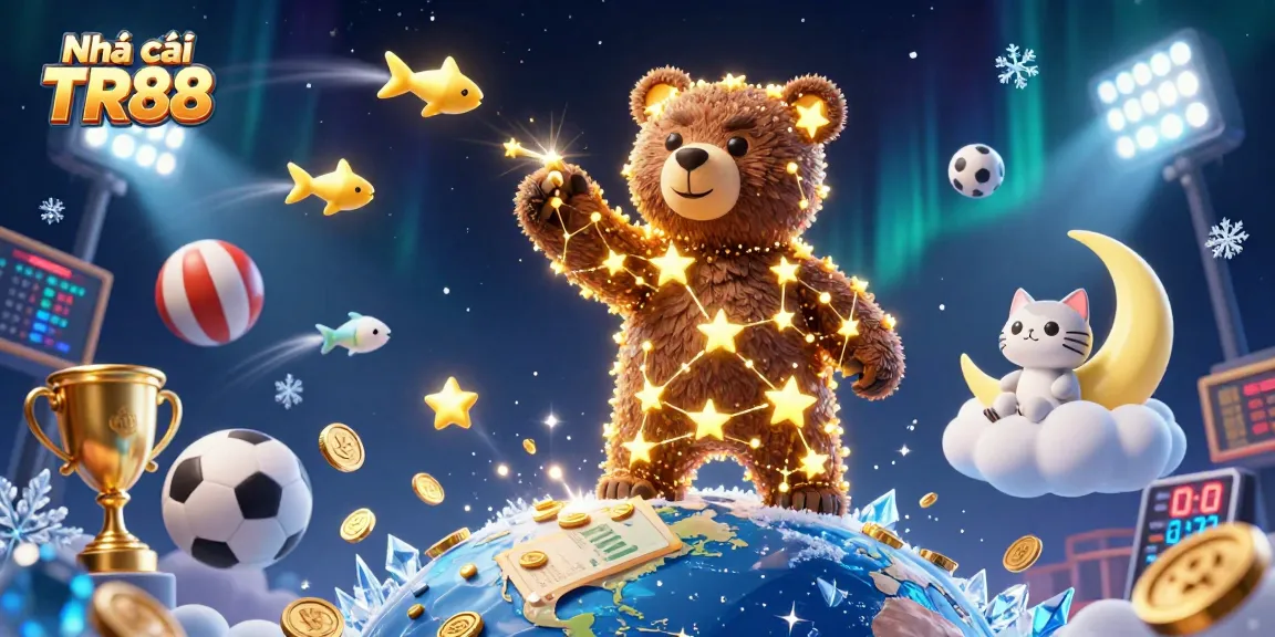Engage with Nhà cái TR88 as the constellation bear collects coins, enhanced by vibrant sports elements and a cinematic setting.