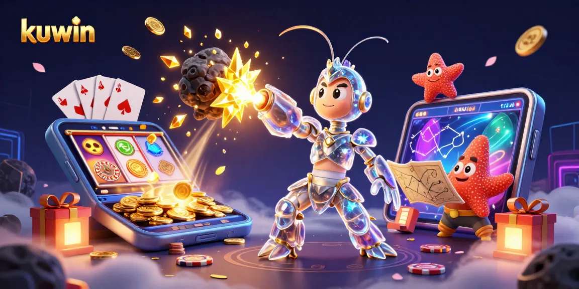 Kuwin offers exciting live casino games with a vibrant 3D illustration featuring galactic characters.