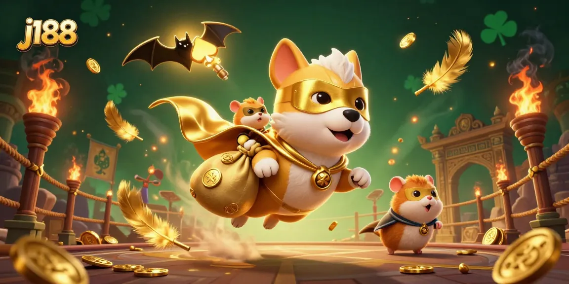 Experience thrilling j188 action with a superhero dog and hamster in an epic online casino illustration.