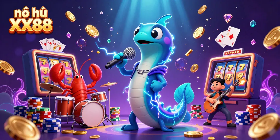 Nổ hũ XX88 explodes with golden coins and vibrant gems amidst an underwater casino scene featuring unique characters.