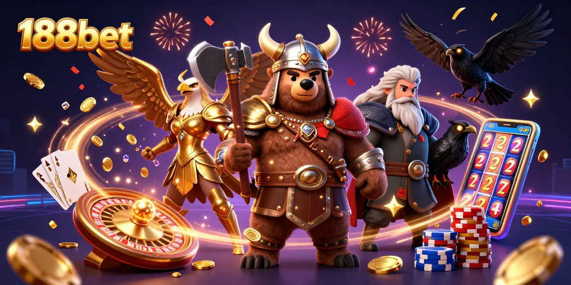 Experience thrilling wins with 188bet's vibrant casino adventure, showcasing dynamic 3D characters and sparkling elements.
